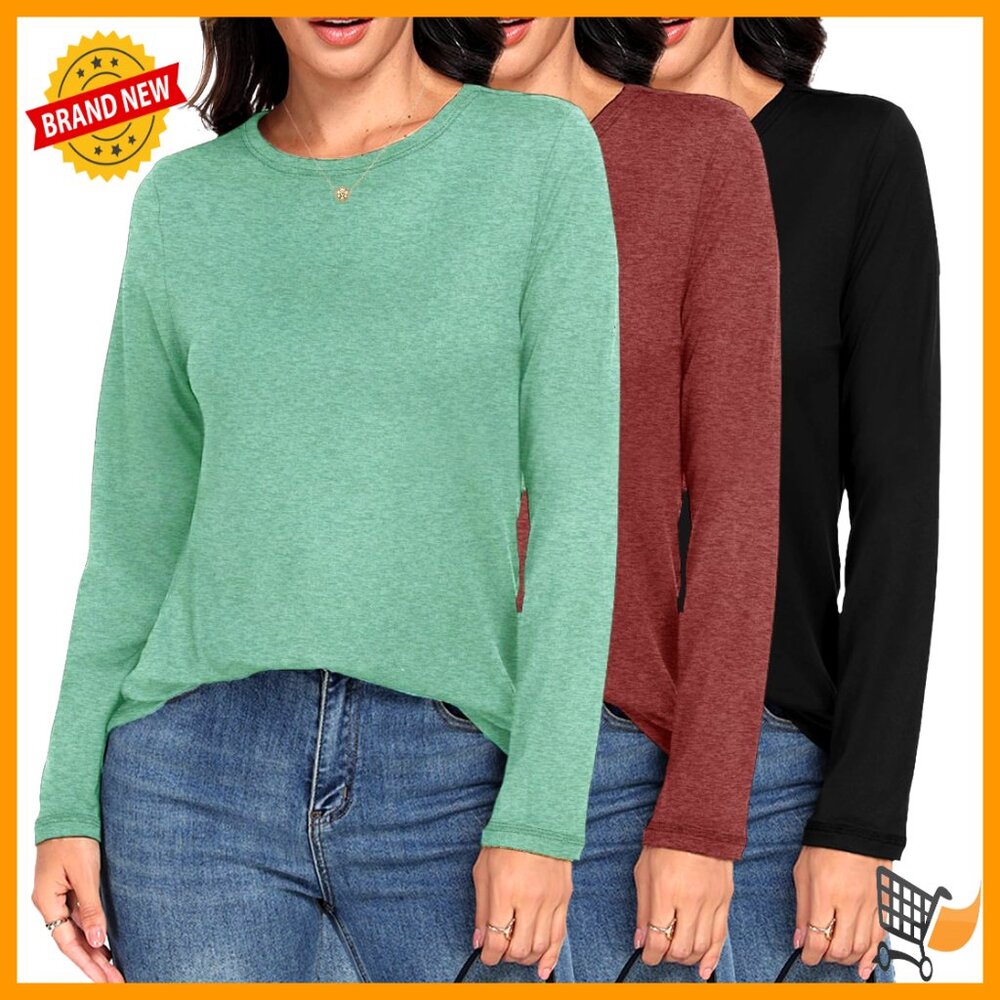 3 Pack Long Sleeve T-Shirts, Loose Fit Crew Neck, Soft Polyester Blend